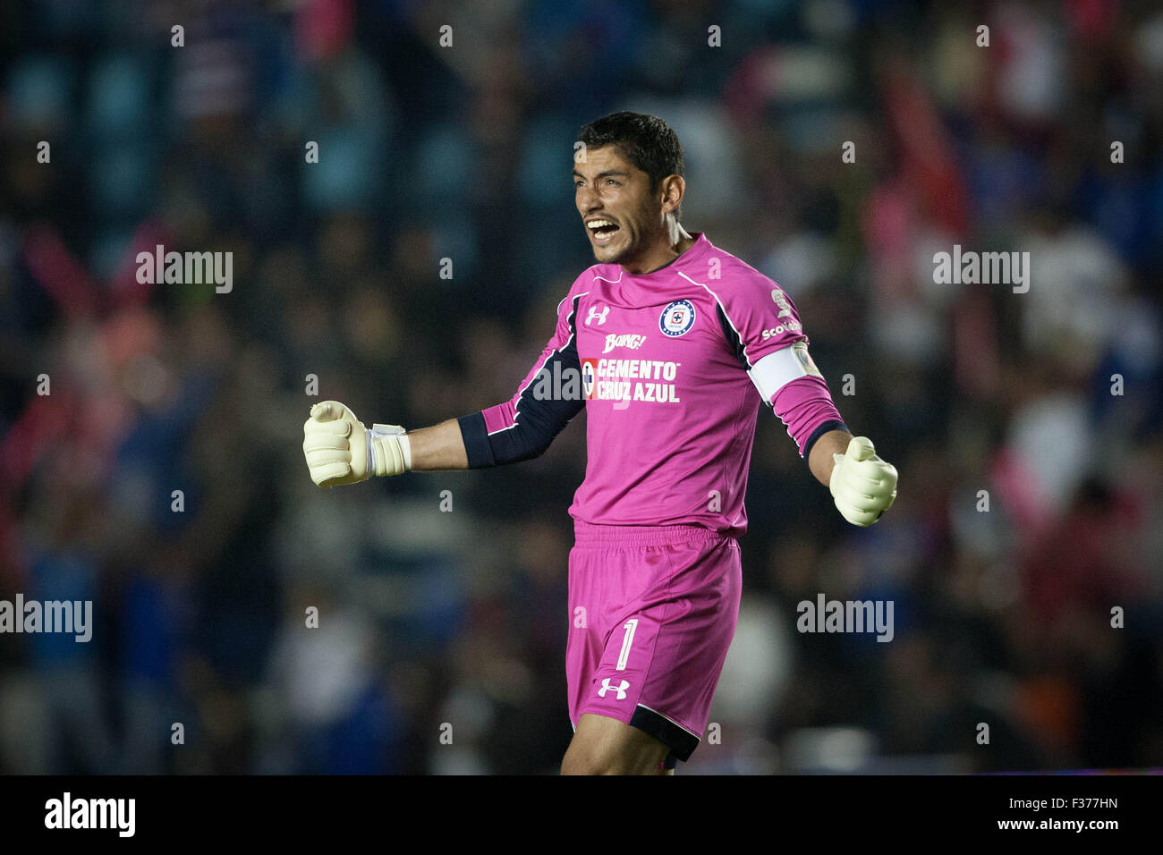 Mexico City, Mexico. 30th Sep, 2015. Cruz Azul's goalkeeper Jesus Corona  celebrates a goal during the match of 2015 Opening Tournament of MX League  against Atlas in Mexico City, capital of Mexico