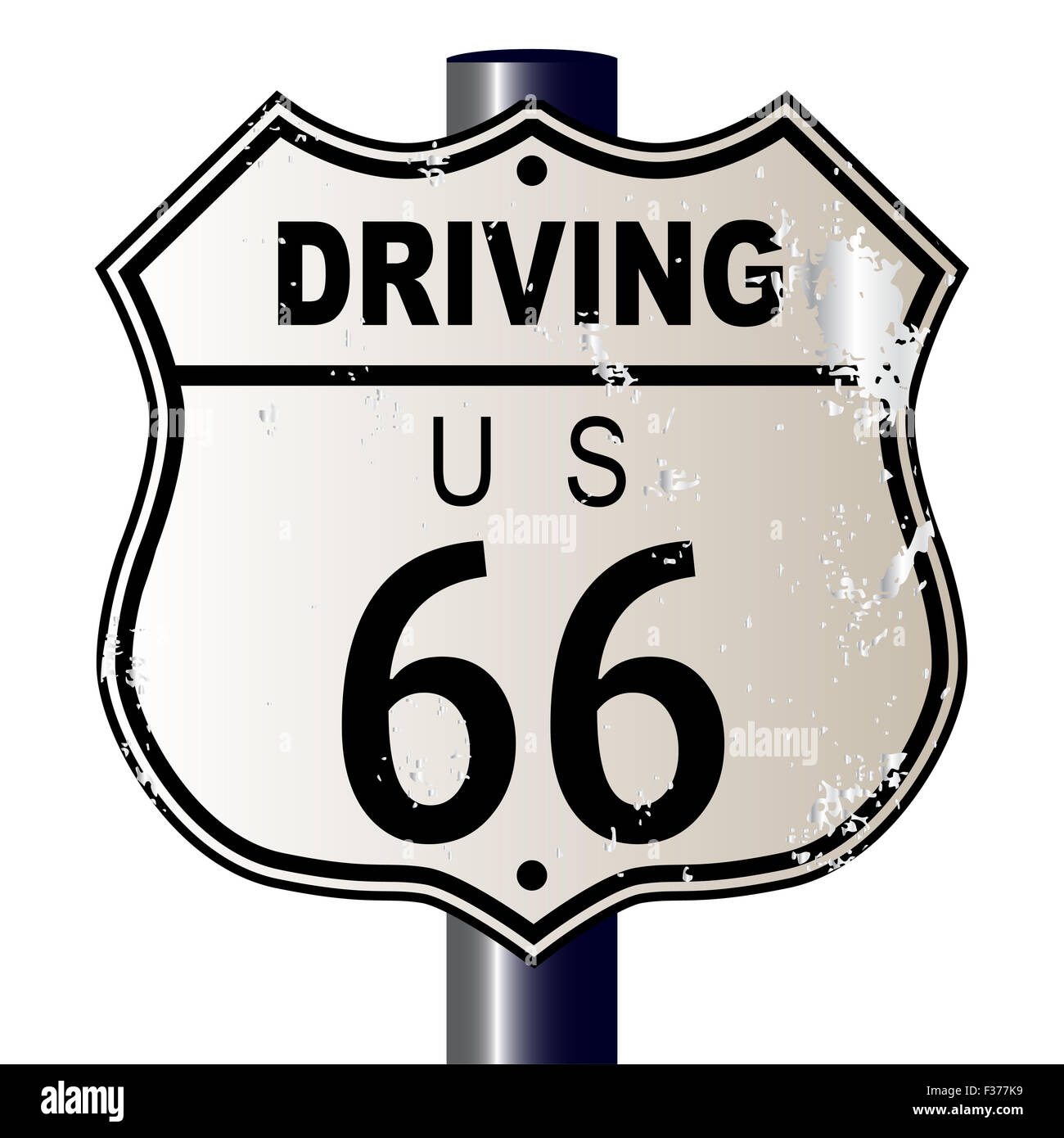 Driving Route 66 traffic sign over a white background and the legend DRIVING Stock Photo
