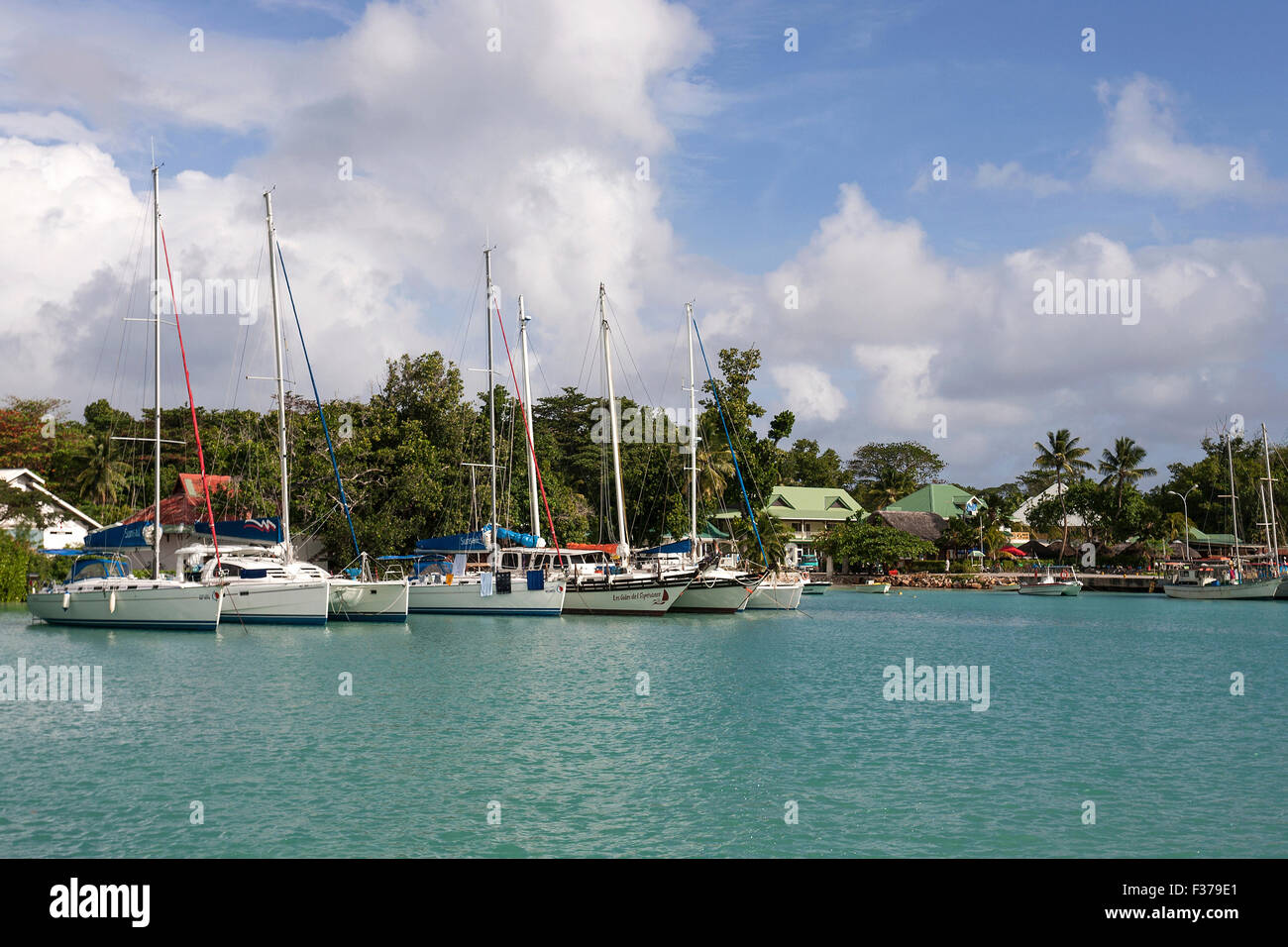 Sailing boats and yachts, La Passe Harbour, La Digue Island, Seychelles Stock Photo