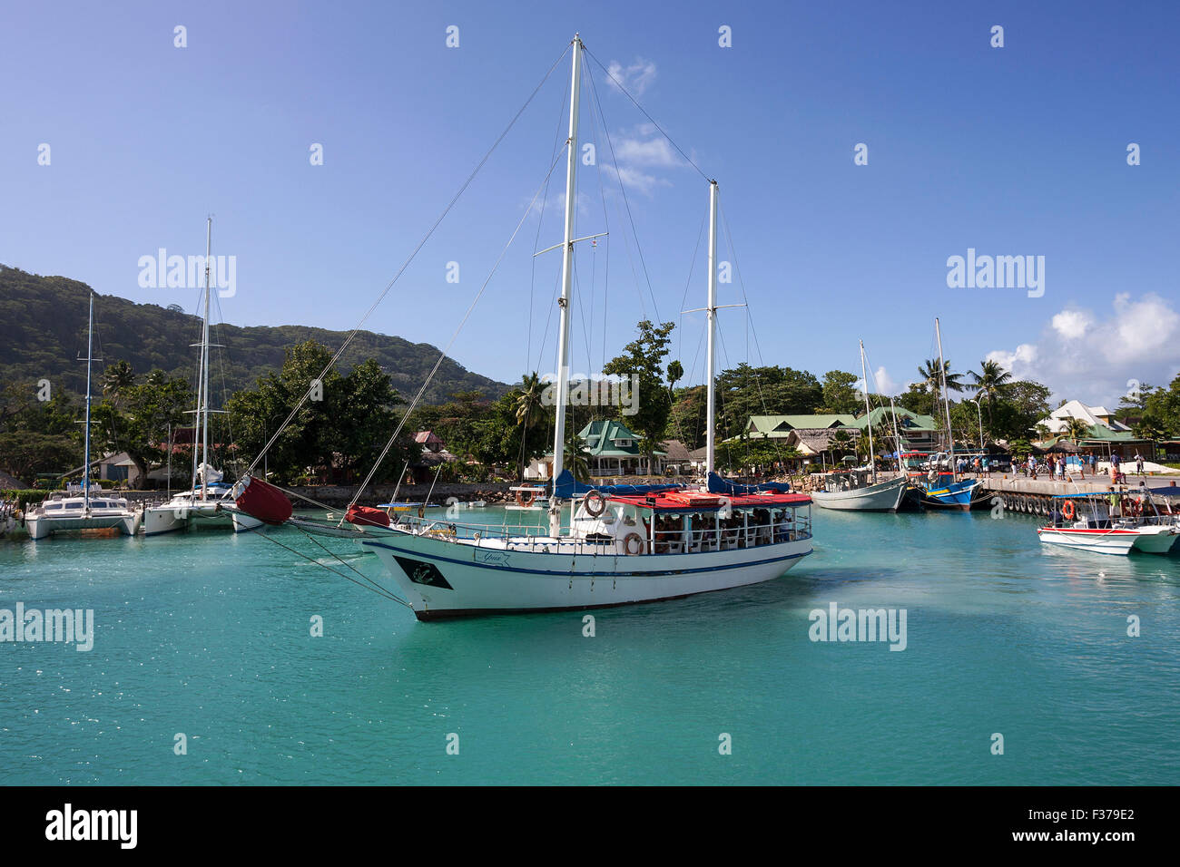 Sailing boat, La Passe Harbour, La Digue Island, Seychelles Stock Photo