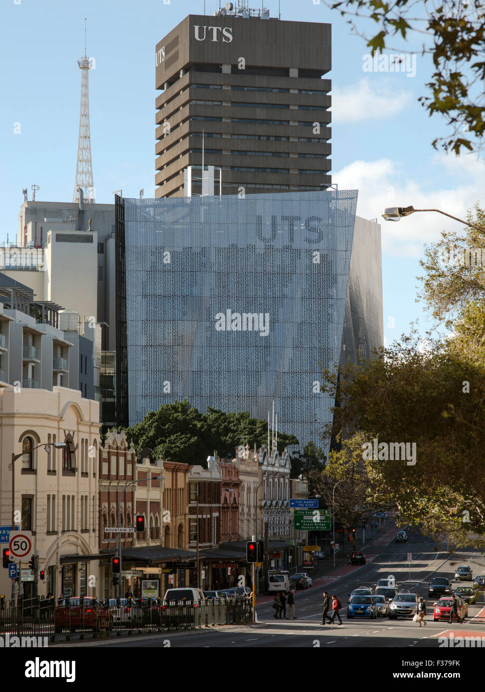 Distant view including existing UTS building. Faculty of Engineering + Information Technology, University of Technology Sydney, Stock Photo