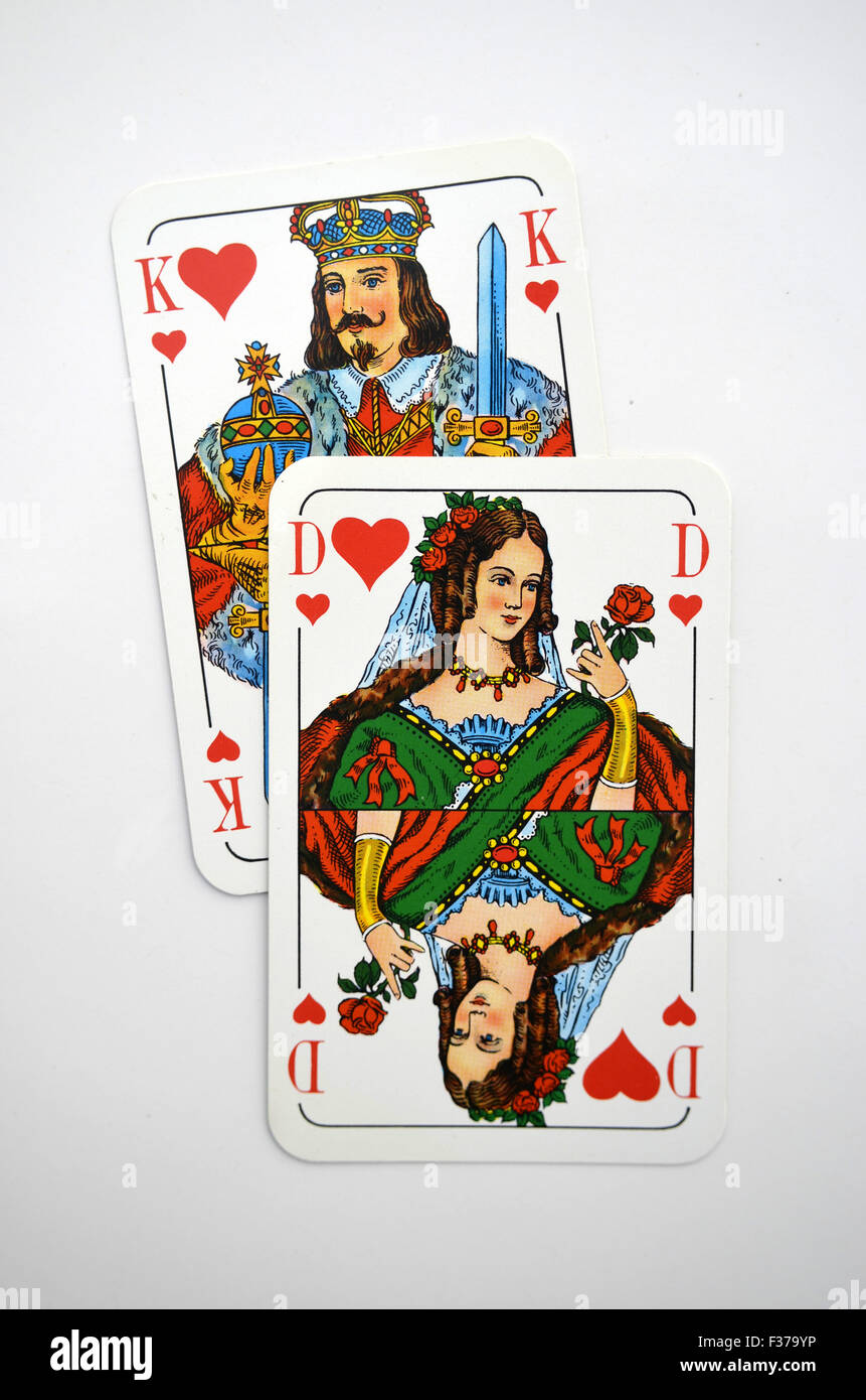 German playing cards, queen of hearts, king of hearts Stock Photo