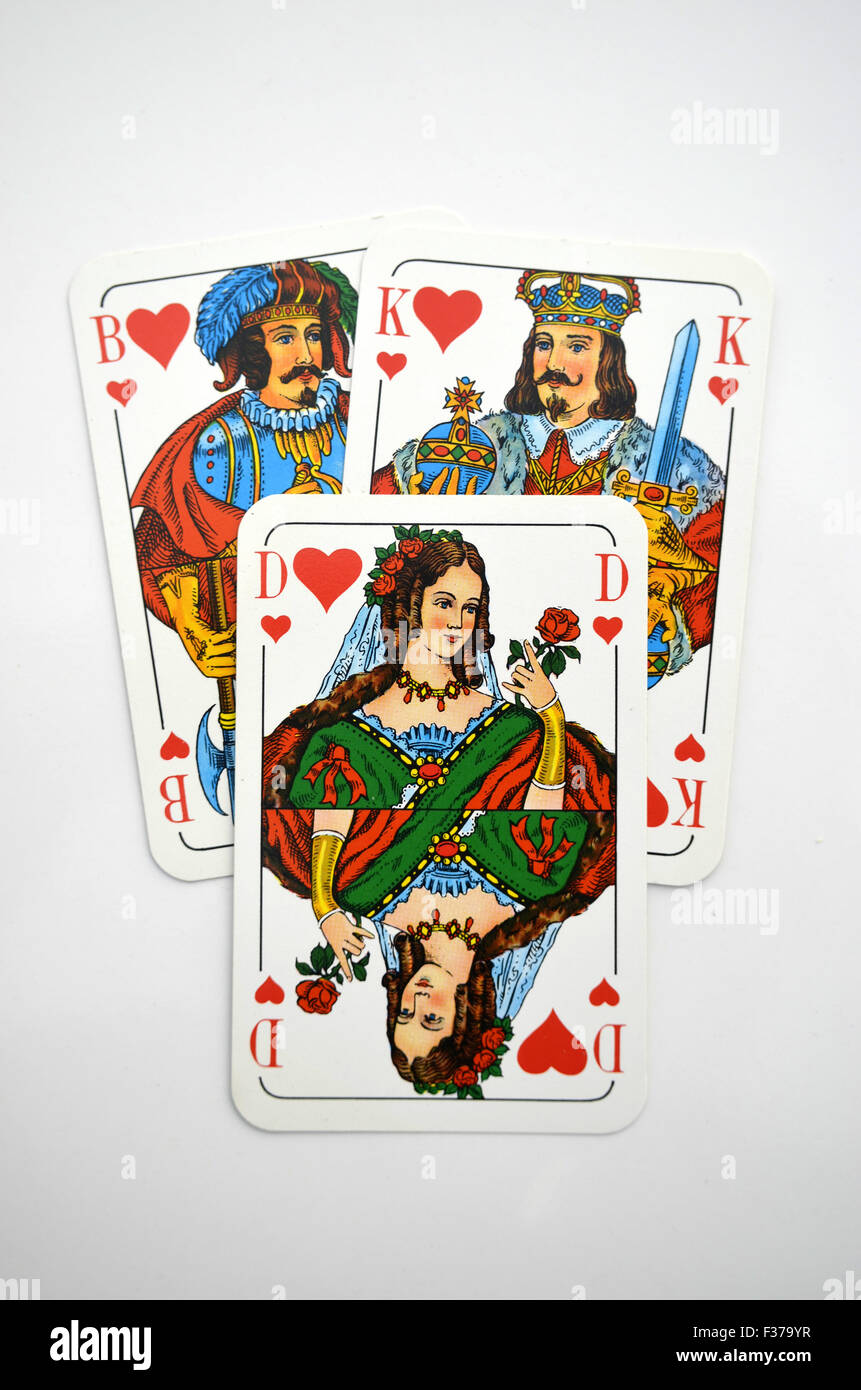 German playing cards, queen of hearts, jack, king Stock Photo
