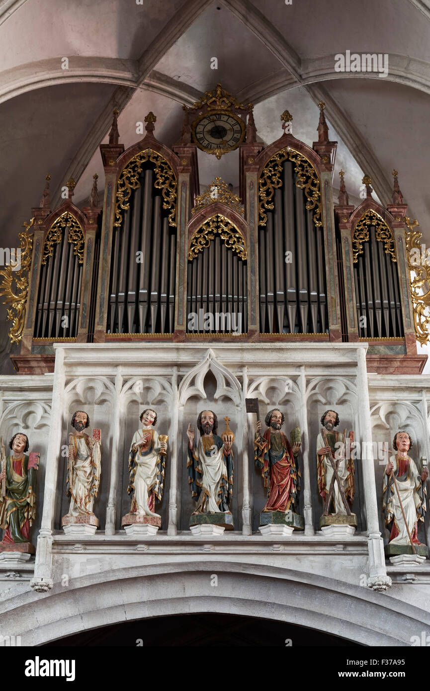 Gallery with Gothic wood sculptures, Christ with the Apostles, parish church of St. Mauritius, Spitz, Wachau, Waldviertel Stock Photo