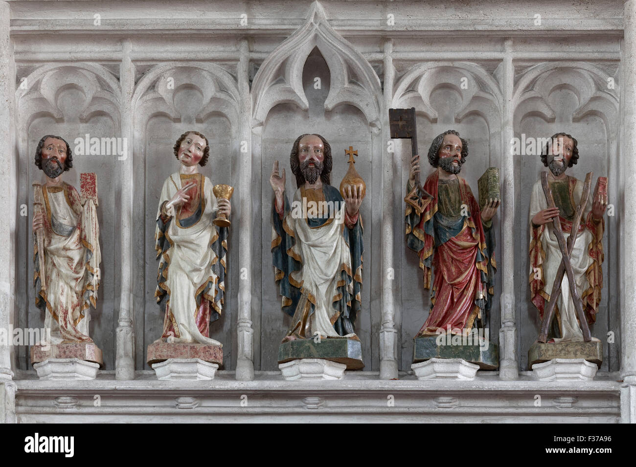 Christ and the Apostles, gothic wooden sculptures, parish church of St. Mauritius, Spitz, Wachau, Waldviertel, Lower Austria Stock Photo