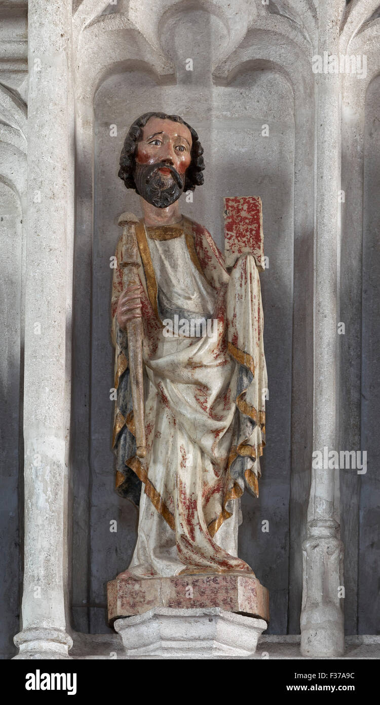 Apostle James the Greater, Gothic wooden sculpture, parish church of St. Mauritius, Spitz, Wachau, Waldviertel, Lower Austria Stock Photo