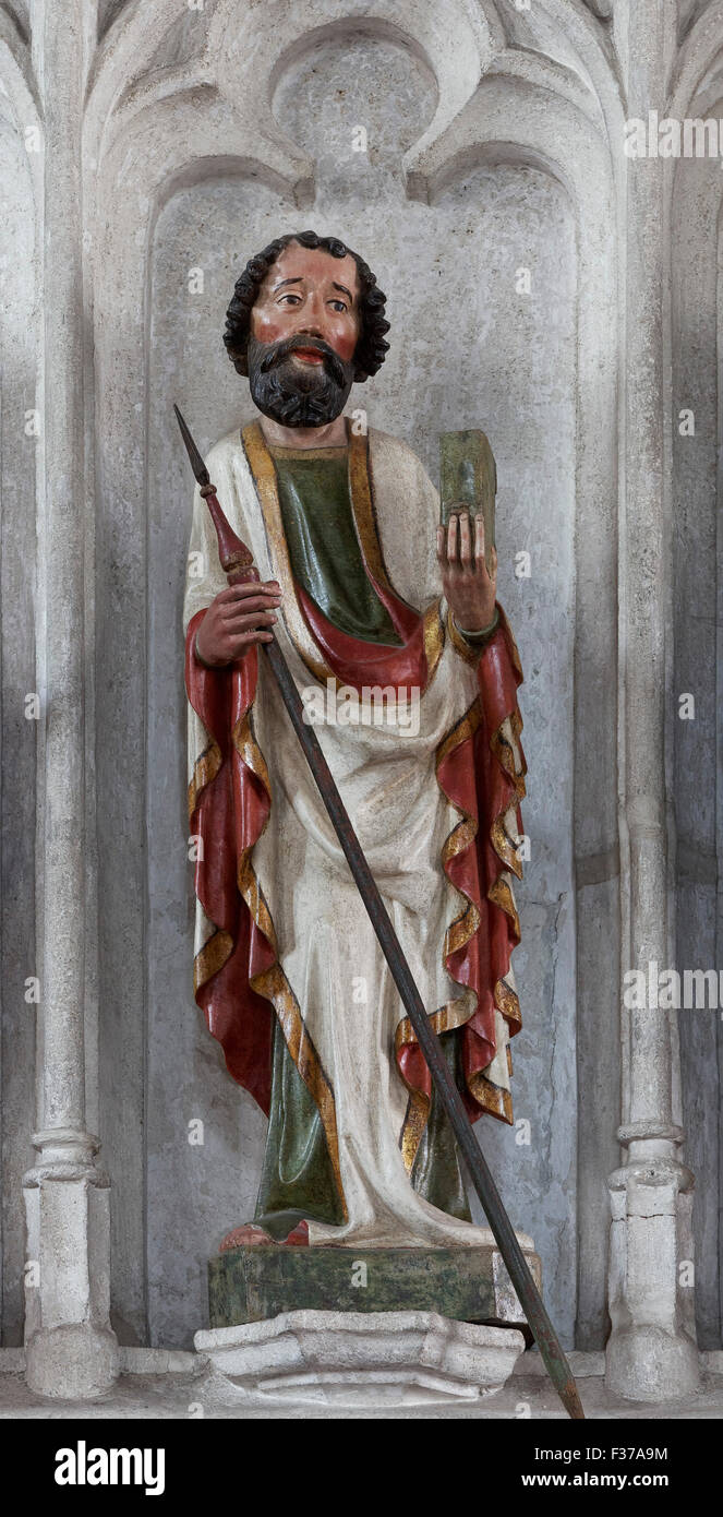 Apostle Thomas, Gothic wooden sculpture, parish church of St. Mauritius, Spitz, Wachau, Waldviertel, Lower Austria, Austria Stock Photo