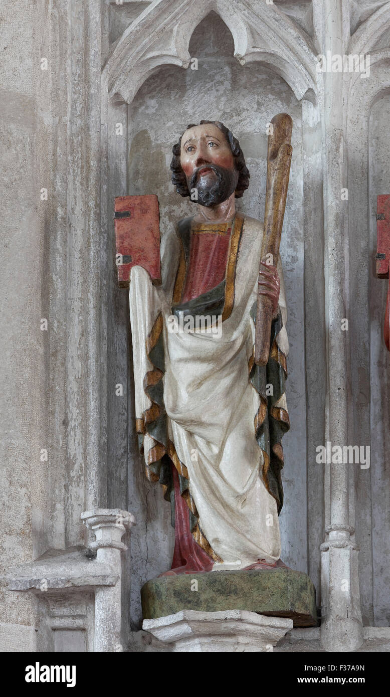Jude the Apostle Gothic wooden sculpture, parish church of St. Mauritius, Spitz, Wachau, Waldviertel, Lower Austria, Austria Stock Photo