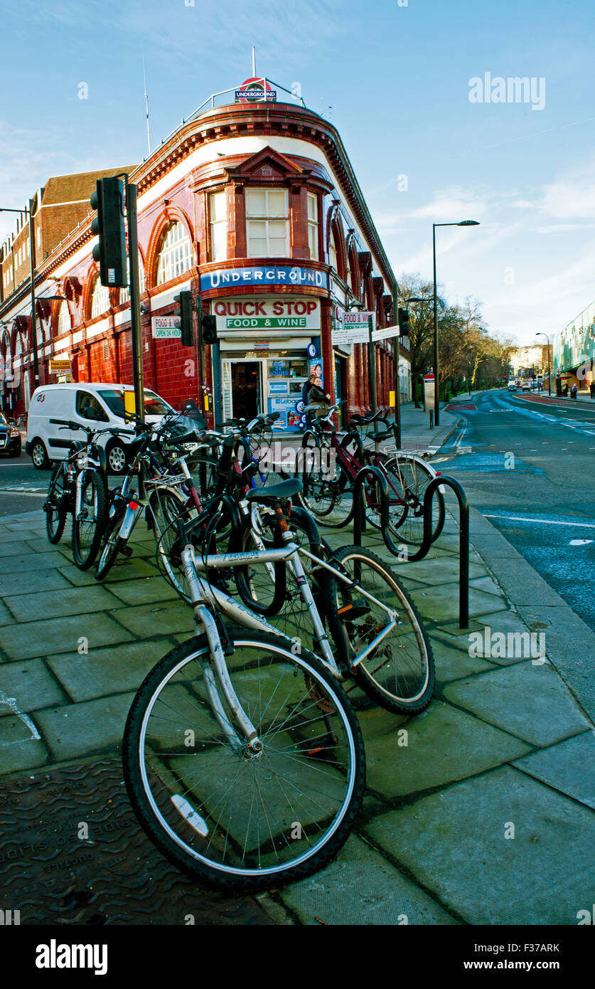 Bicycles outside Chalk Farm Underground Station, Camden, London Stock Photo