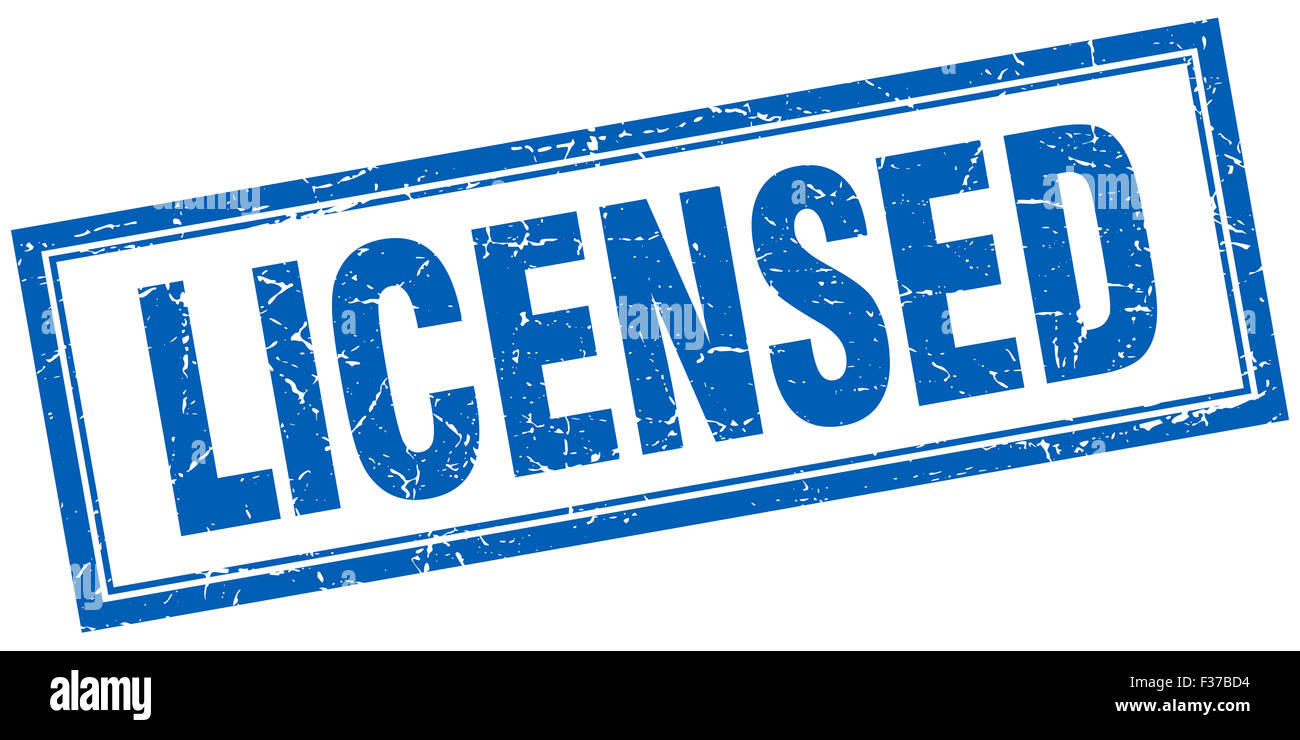 licensed blue square grunge stamp on white Stock Photo - Alamy