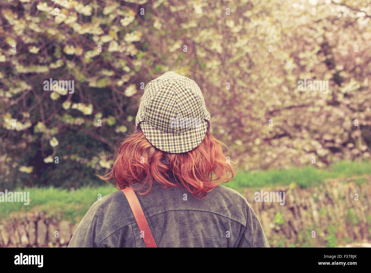 Rear view of young woman in deerstalker hat looking at trees Stock Photo