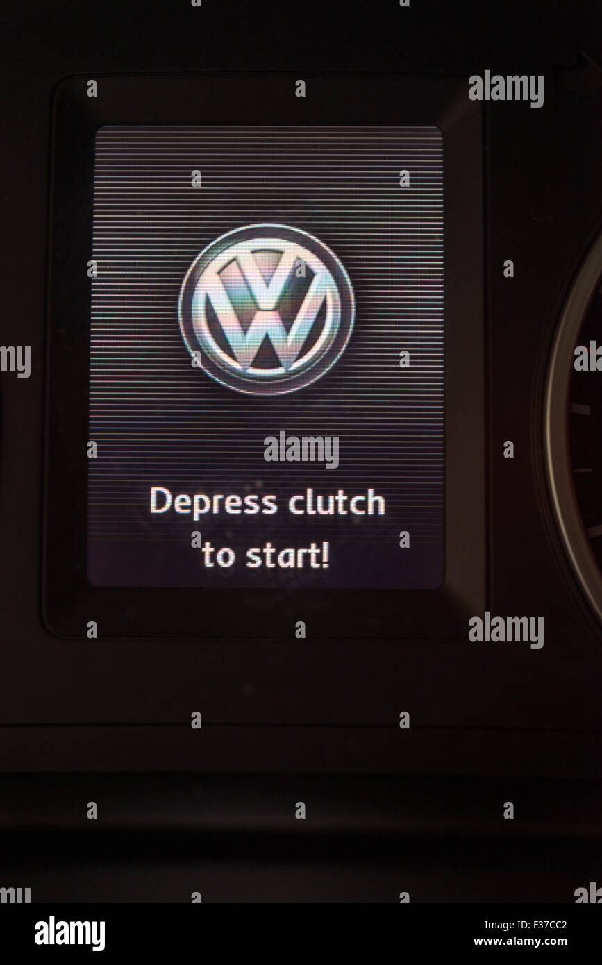 MADRID, SPAIN - SEPTEMBER 28, 2015: Announcement on the dashboard of a car Volkswagen Tiguan TDI at the time of starting the engine Stock Photo