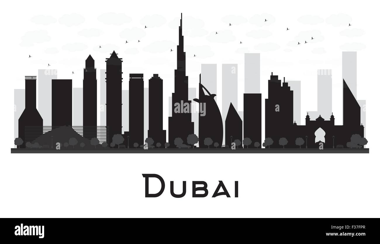Dubai City skyline black and white silhouette. Vector illustration. Stock Vector