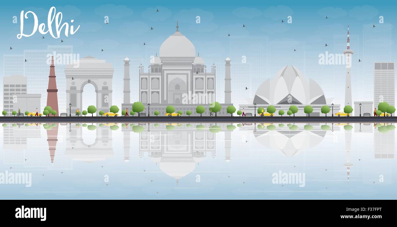 Delhi skyline with grey landmarks, blue sky and reflections. Vector illustration Stock Vector