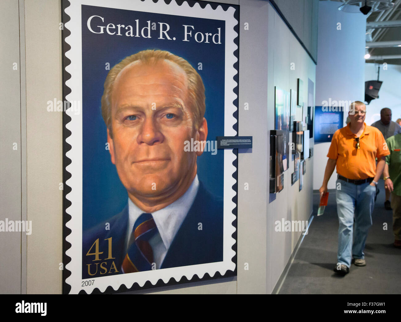 Grand Rapids, Michigan - A poster of a U.S. postage stamp honoring President Gerald Ford at the Gerald R. Ford Museum. Stock Photo