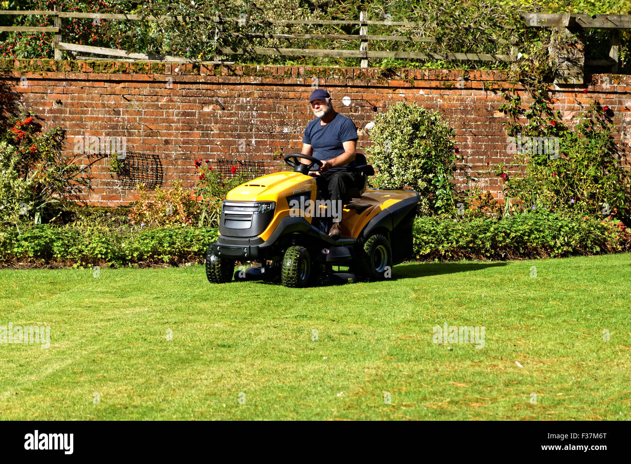 yellow ride on mower cutting grass Stock Photo - Alamy