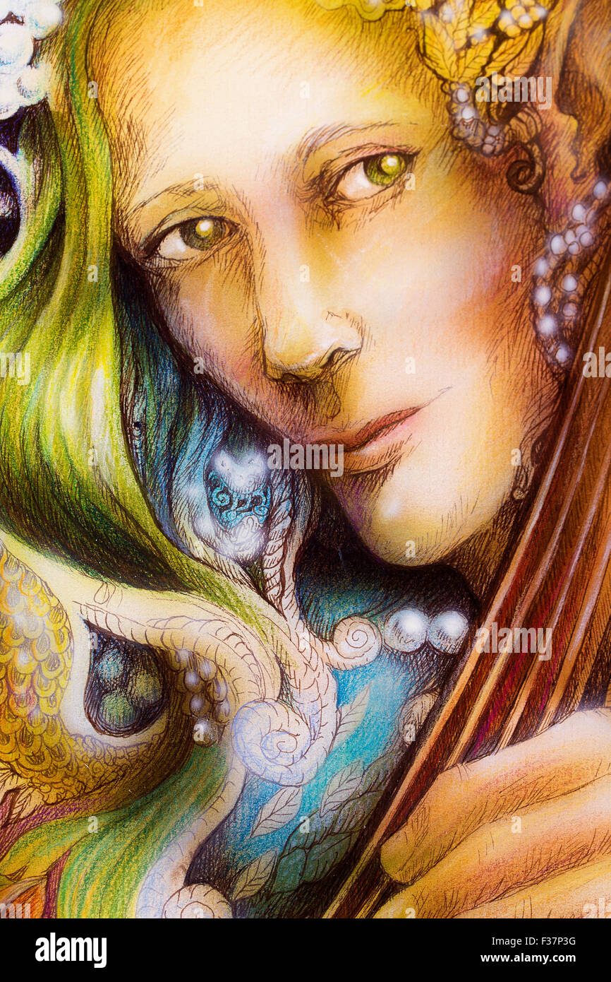 Elven man face with green hair and pearls playing a string instrument ...