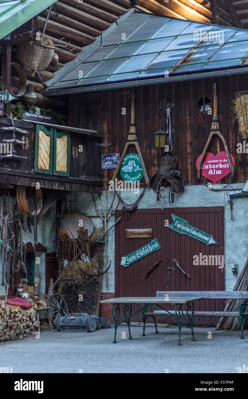 Village with beautiful houses, flowers, small details, animals in springtime, Austria, Filzmoos Stock Photo