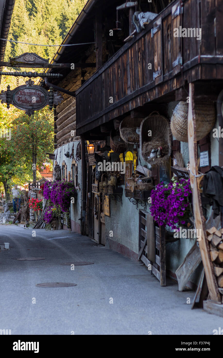 Village with beautiful houses, flowers, small details, animals in springtime, Austria, Filzmoos Stock Photo