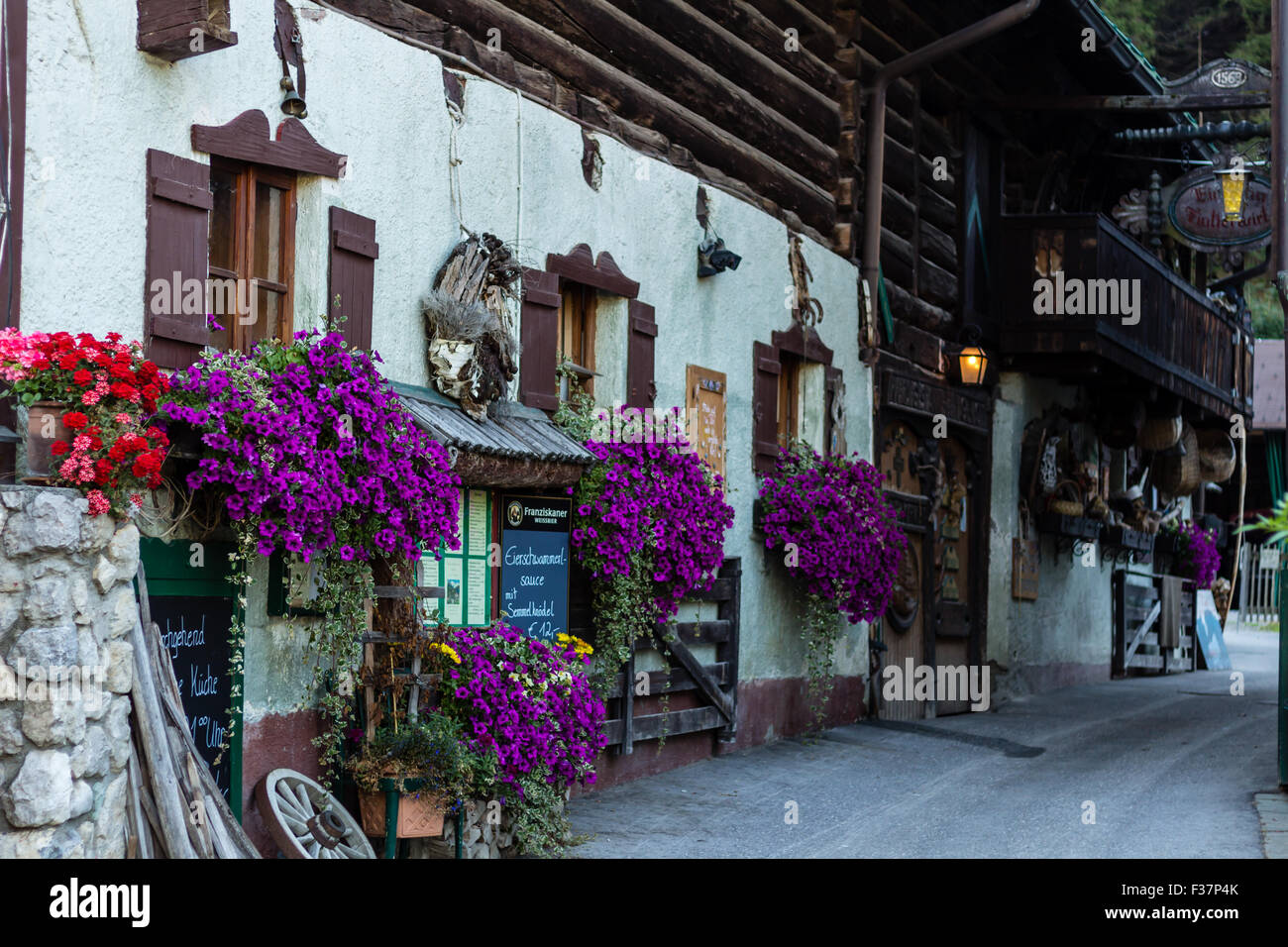 Village with beautiful houses, flowers, small details, animals in springtime, Austria, Filzmoos Stock Photo