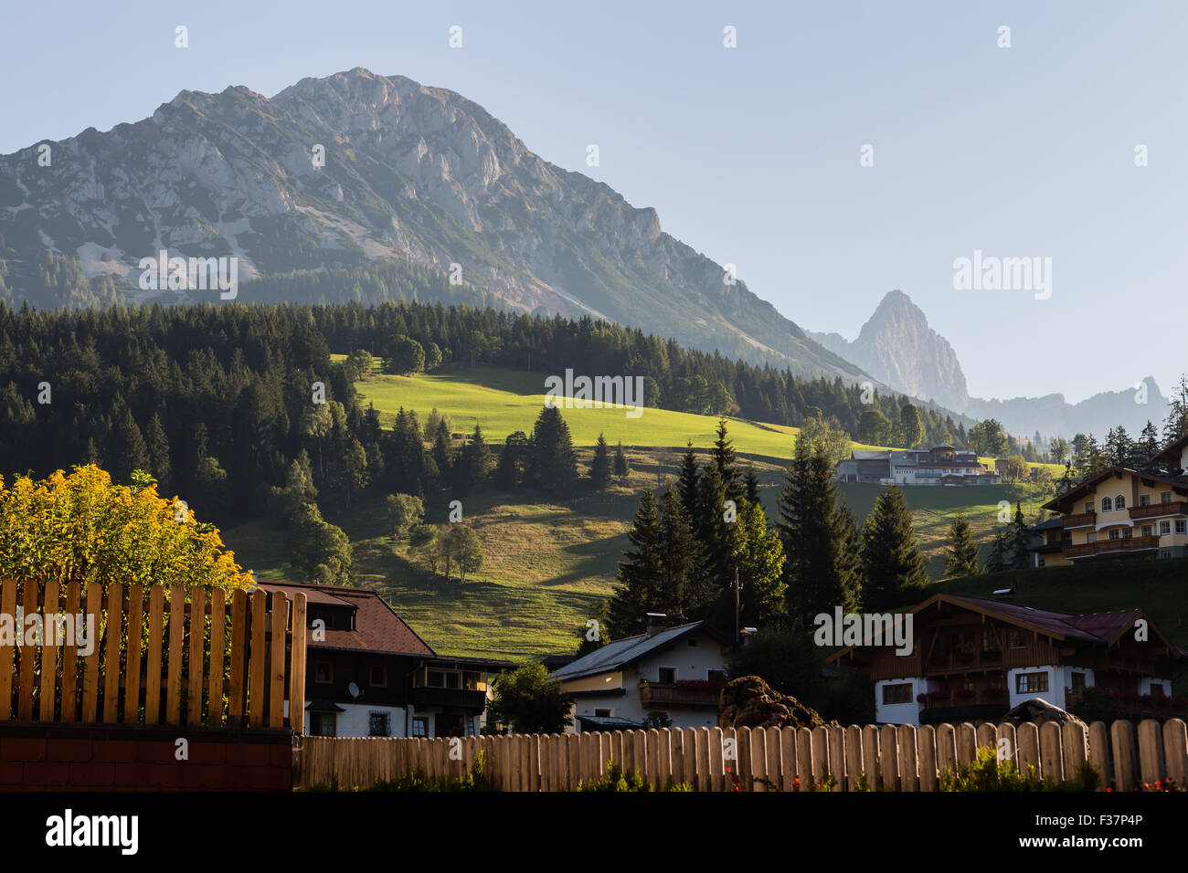 Village with beautiful houses, flowers, small details, animals in springtime, Austria, Filzmoos Stock Photo