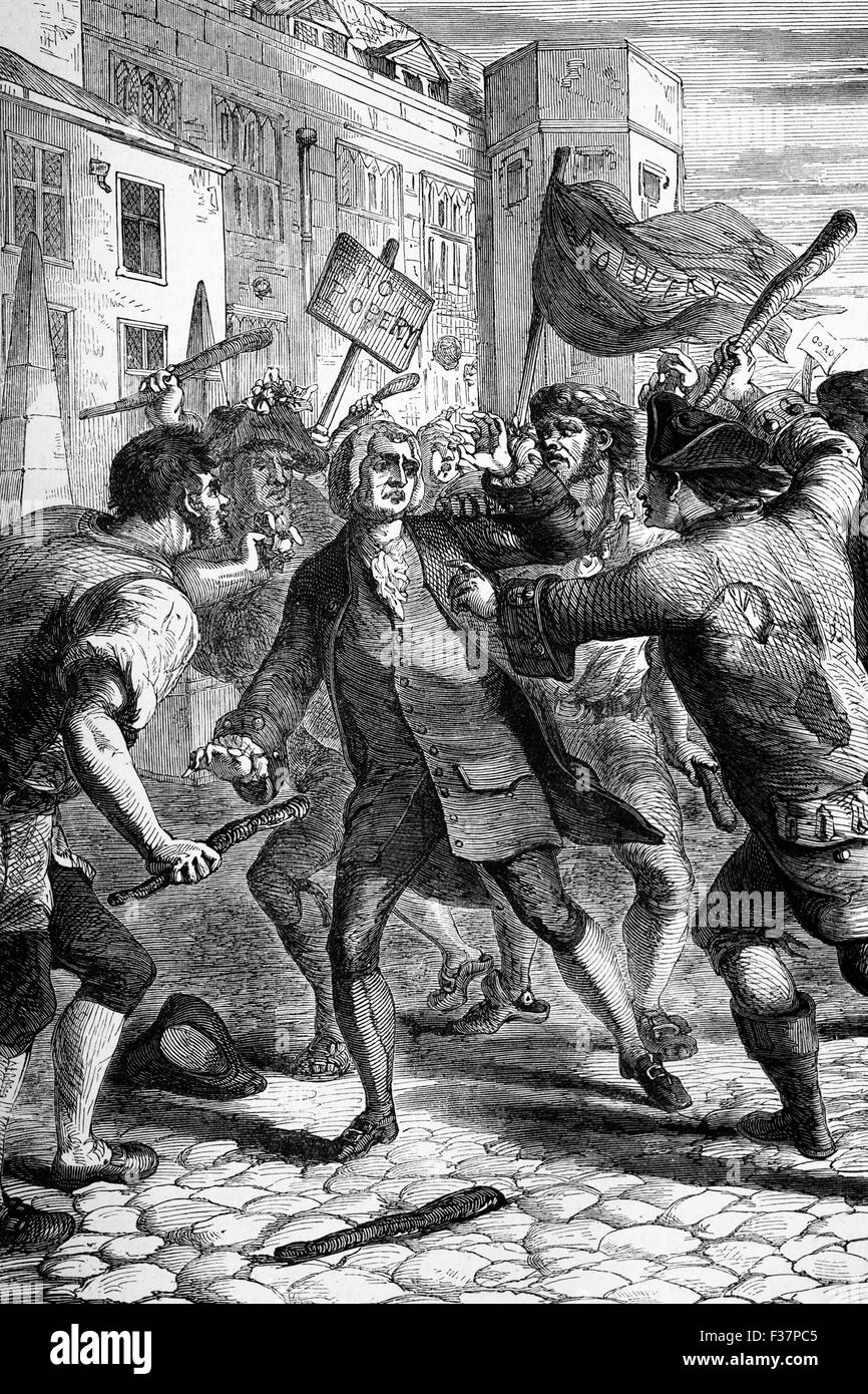 The Popery Act 1778 eliminated a number of penalties and disabilities on Roman Catholics in England; following this, a  peaceful protest led to the Gordon Riots (named after Lord George Gordon) with widespread rioting and looting in London. Stock Photo