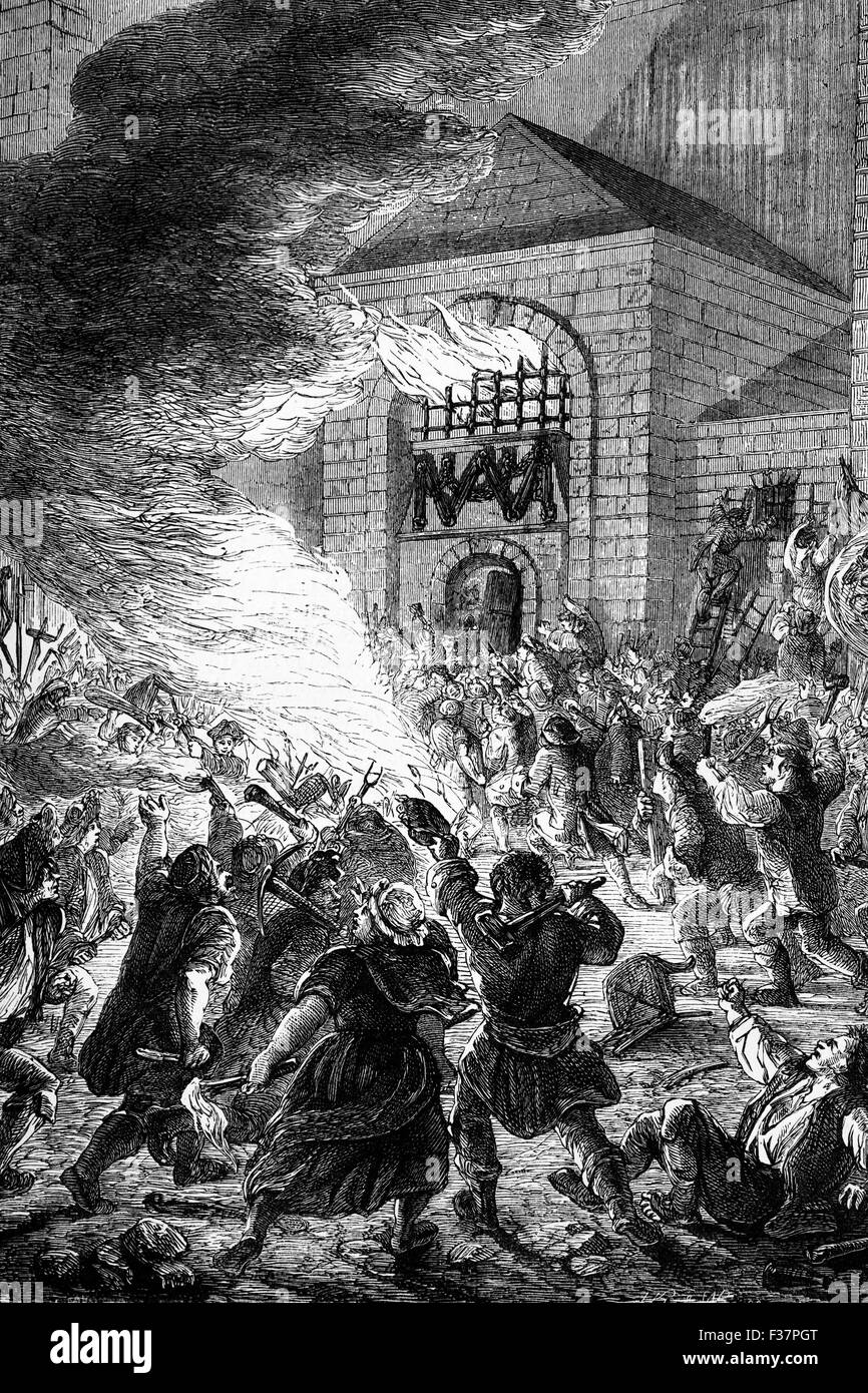 The No Popery (or Gordon) Rioters attacking London's Newgate Prison in June 1780 which was largely destroyed, allowing large numbers of prisoners to escape, many of whom were never recaptured. Stock Photo