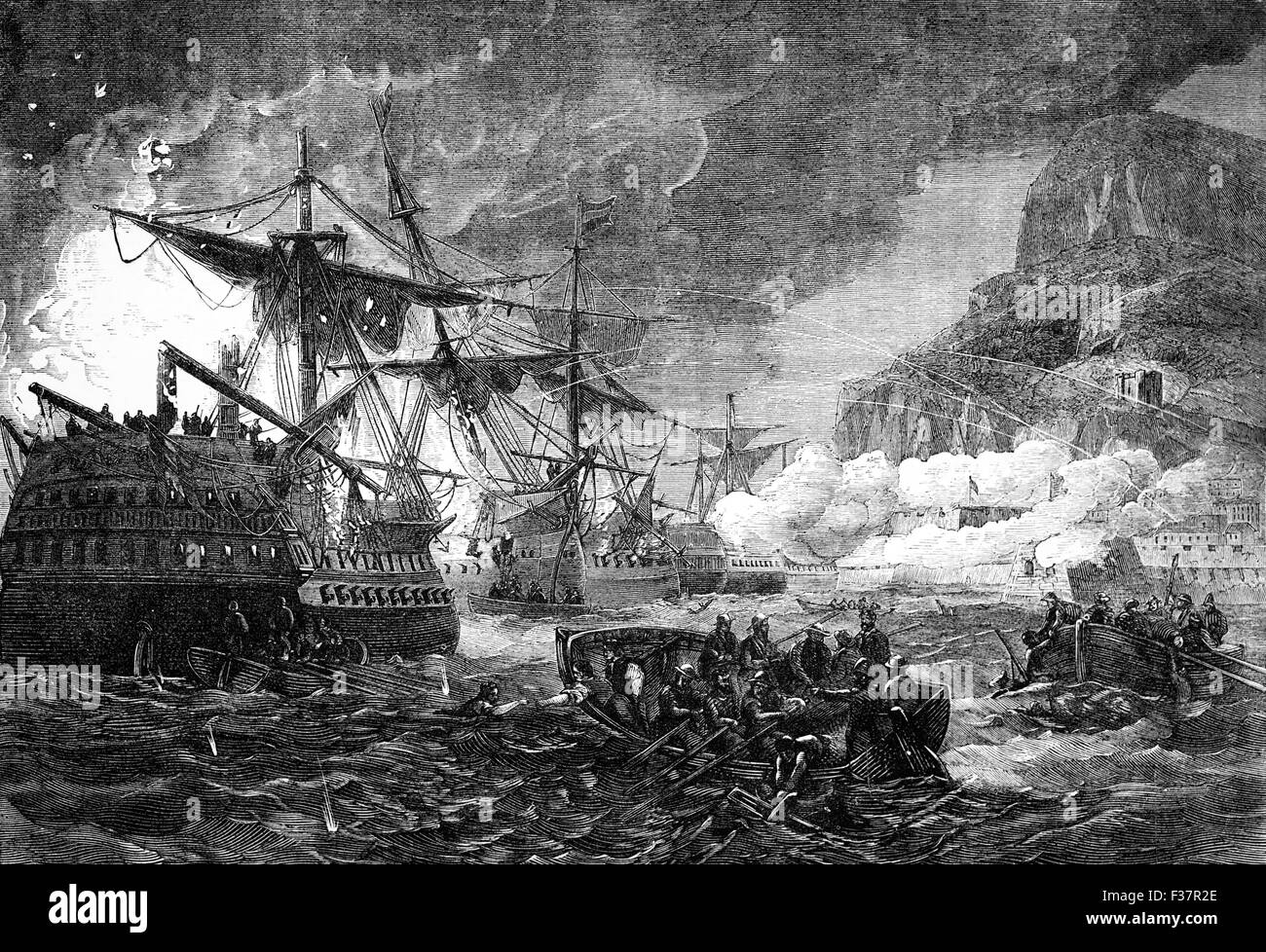 A scene from the Great Siege of Gibraltar, 18 September 1782, an unsuccessful attempt by Spain and France to capture Gibraltar from the British during the American War of Independence. Stock Photo