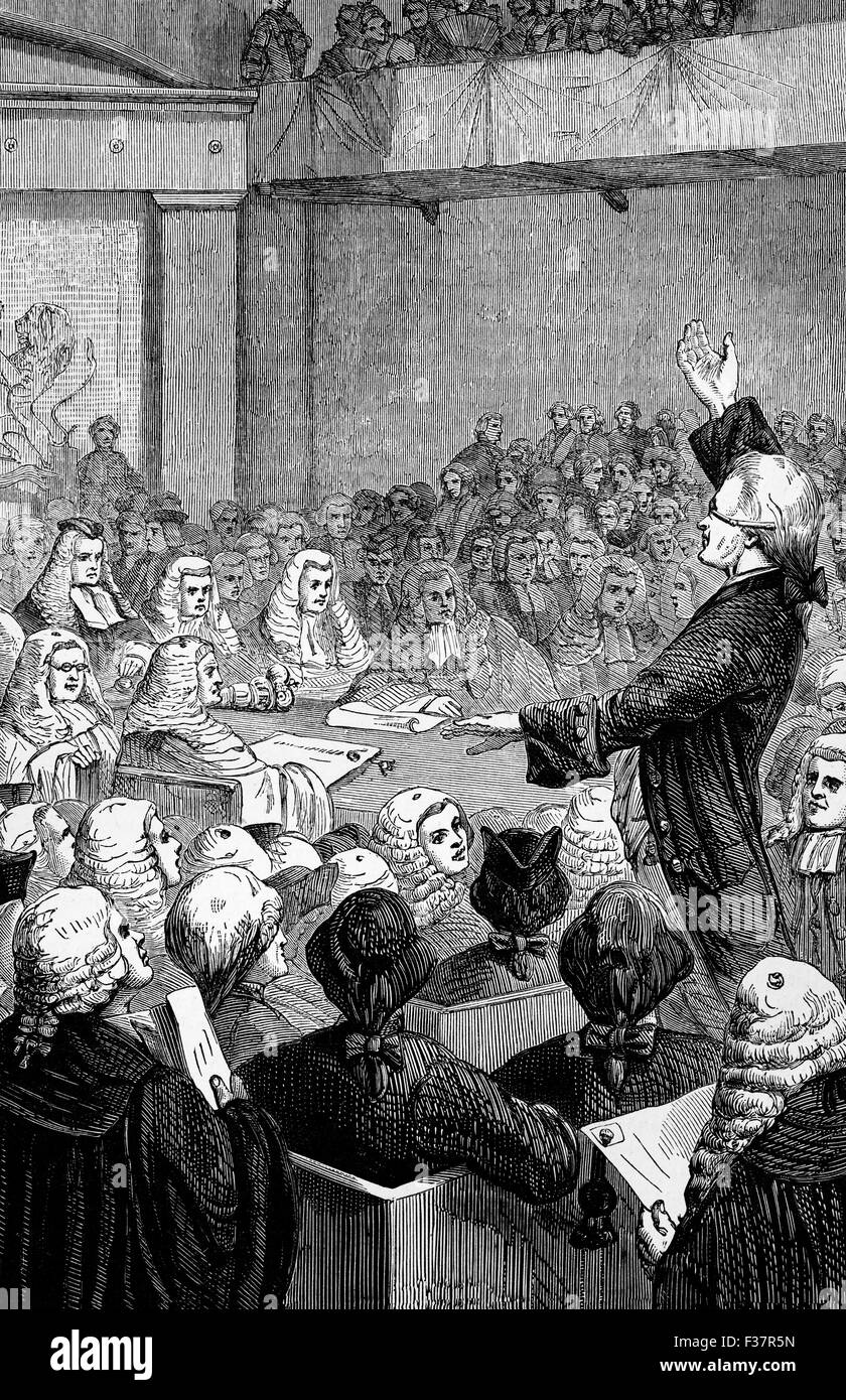 The trial of Warren Hastings, first Governor-General of India, following his impeachment in the House of Commons for crimes and misdemeanors during his time in India in 1787, but he was acquitted in 1795. Stock Photo