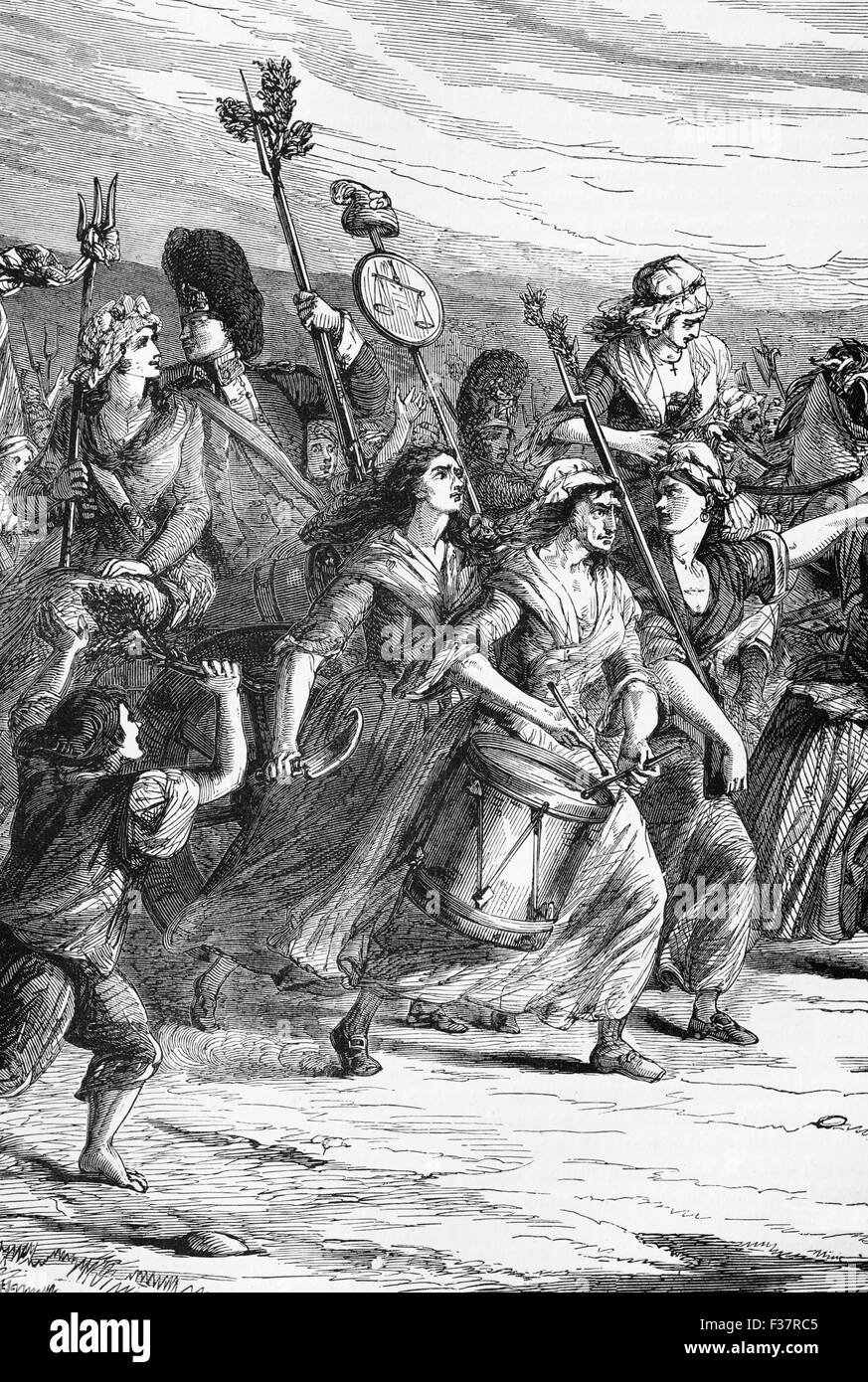 On the morning of 5 October 1789, women in the marketplaces of Paris were rioting over high price and scarcity of bread. The mob of thousands and marched on Versailles. It became known as The Women's March on Versailles (France). Stock Photo