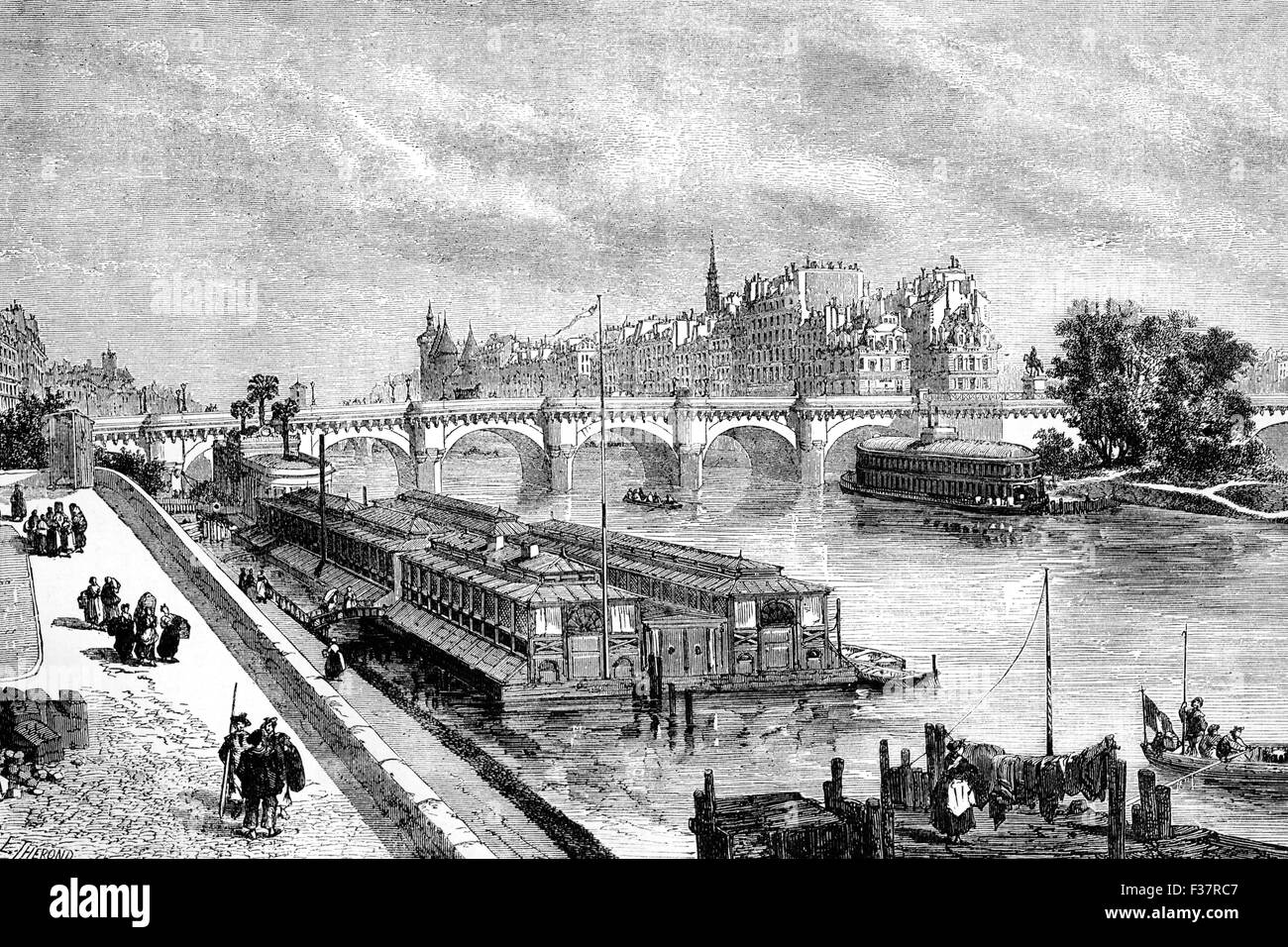 An 18th Century view of the River Seine and the Pont Neuf in Paris, France. Stock Photo