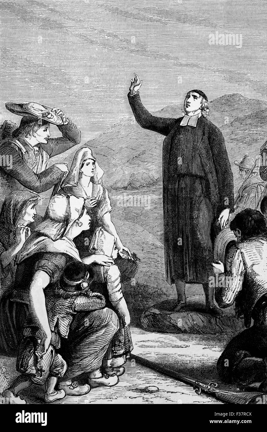 An expelled priest preaching in fields in the Gironde, part of the Aquitaine region situated in southwest France, following the de-christianisation of France during the French Revolution in 1789. Stock Photo