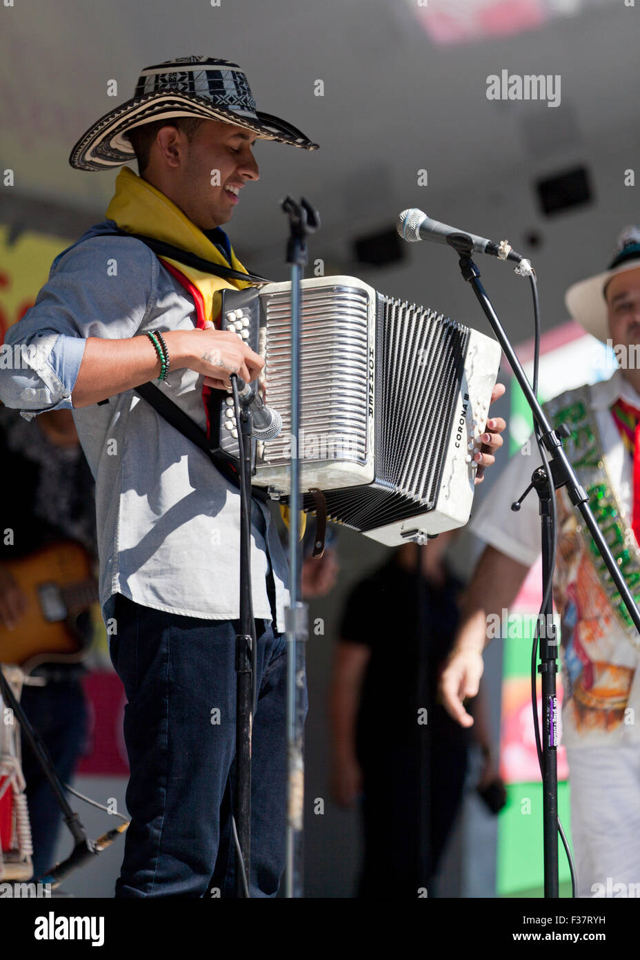 Jeffrey Meza 'Lil Duey' playing a Hohner Corona III accordion during 2015 National Latino Festival (accordion player) - Washington, DC USA Stock Photo