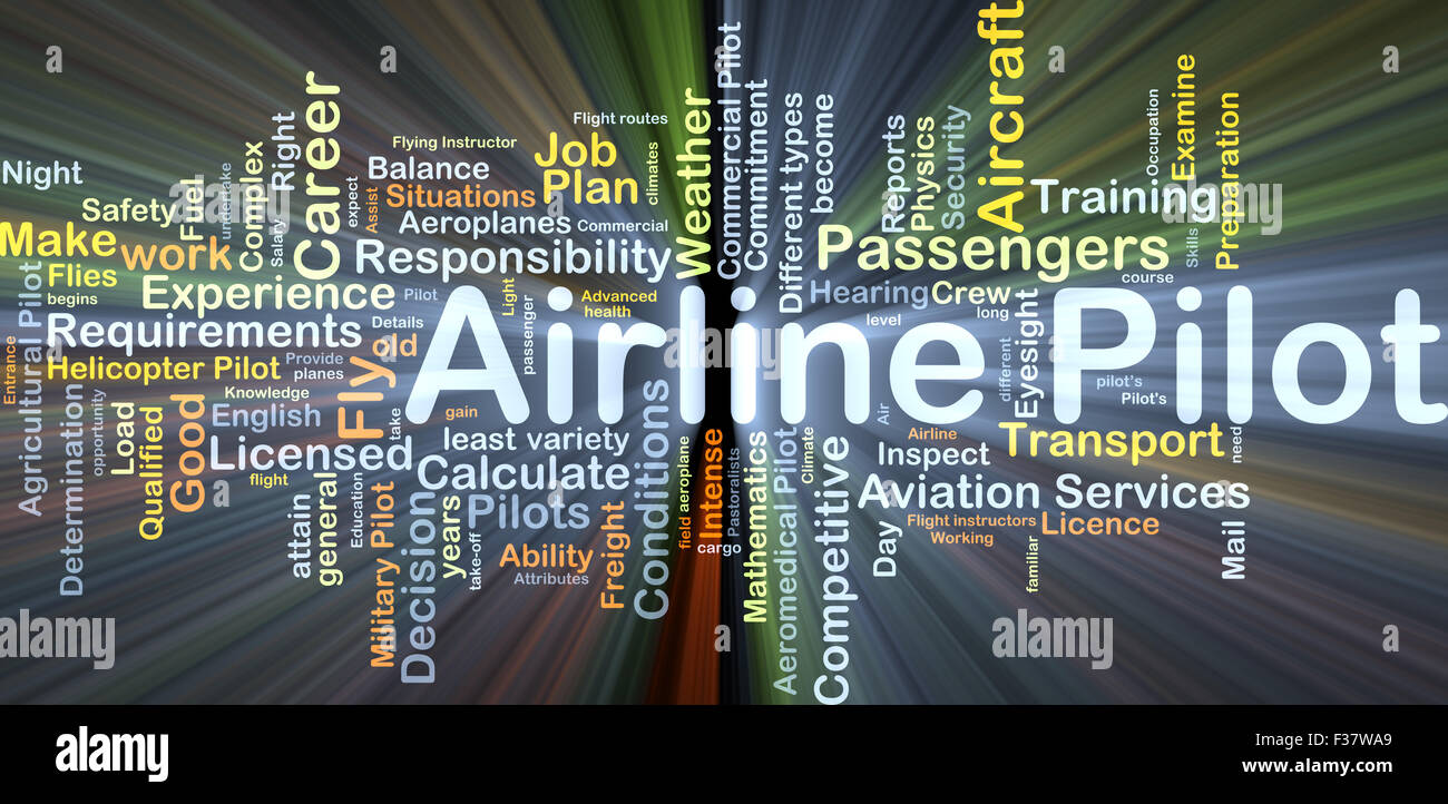 Background concept wordcloud illustration of airline pilot glowing