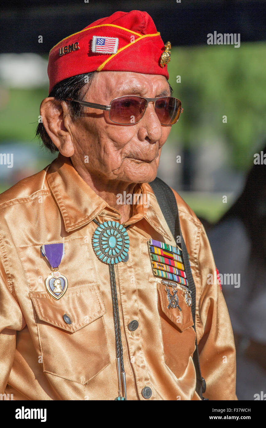 Retired Marine Corps Navajo Code Talker Samuel Holiday during a visit to Marine Corps Base Camp Pendleton September 28, 2015 in Oceanside, California. The Navajo code talkers were America's secret weapon during World War II. Stock Photo
