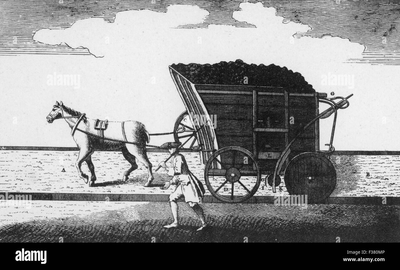 'COAL WAGGON ON RAILS' from the London Magzine in 1764. The front wheels are cast iron and the rear from wood to lighten the load. They run each side of the wooden rails, later replaced by metal ones. It was unloaded by opening the bottom board. Stock Photo