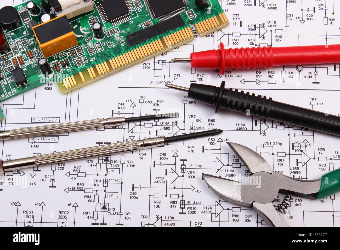 Printed circuit board with electrical components, precision tools and ...