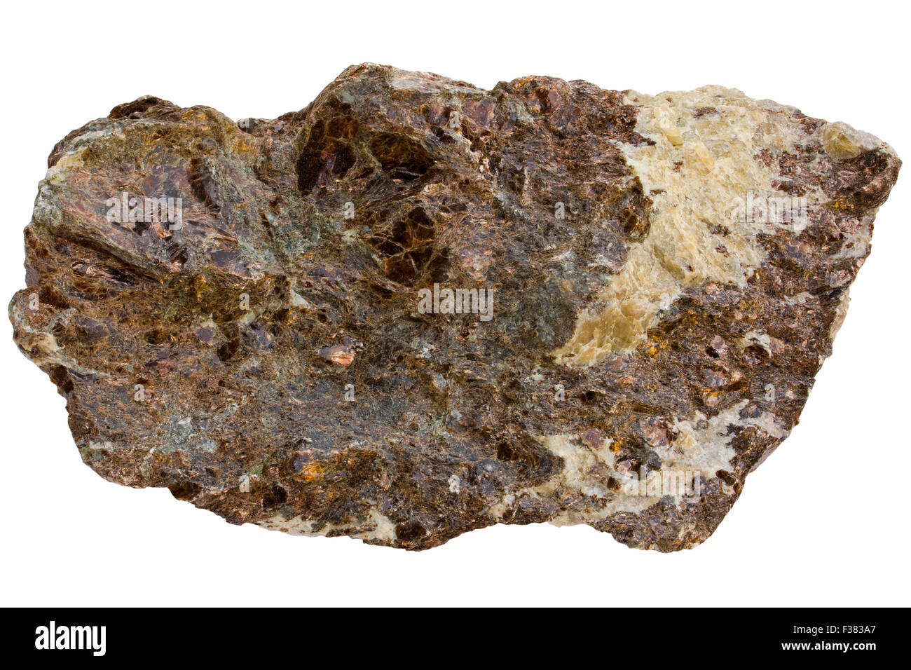Pegmatite (brown phlogopite, yellow apatite) Stock Photo
