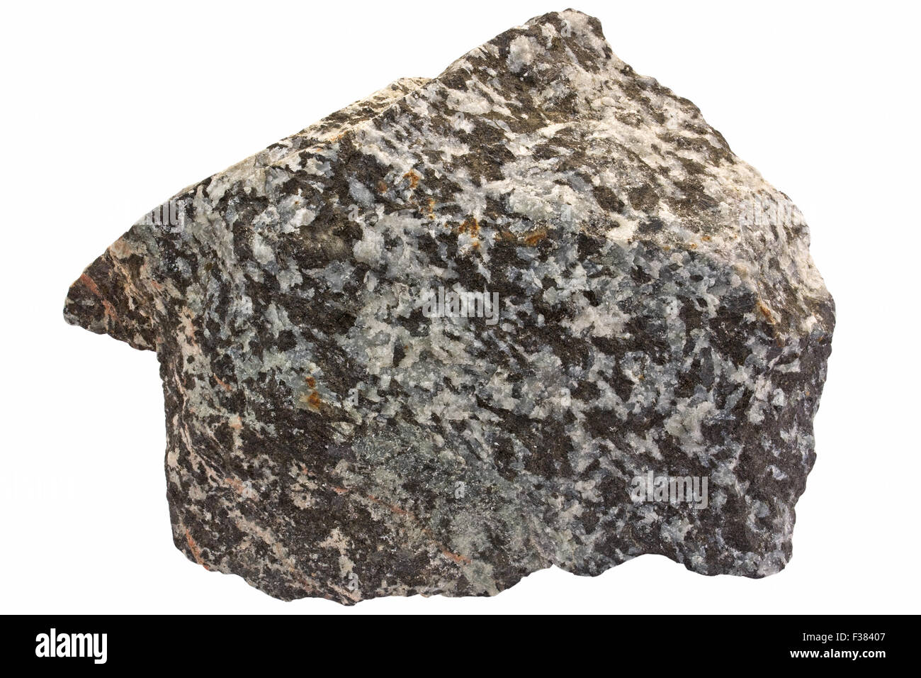 Scapolite-hornblende rock (metamorphosed gabbro). Scapolite (variety marialite) is gray, hornblende black. Stock Photo