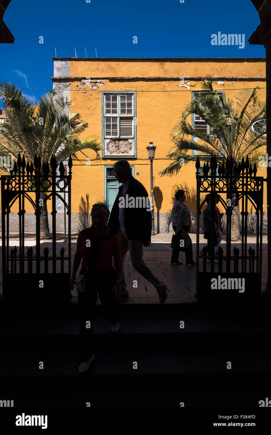Old derelict building in Calle Padre Moore, in front of the Nuestra Senora de Concepcion church, Tenerife, Canary Islands, Spain Stock Photo