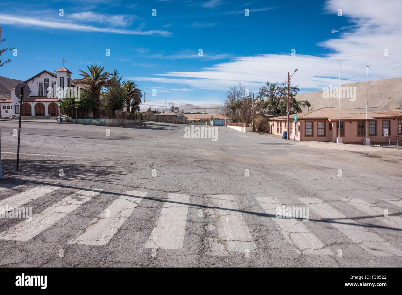 Empty streets in the former mining town of Chuquicamata, which has been abandoned since 2007. Stock Photo