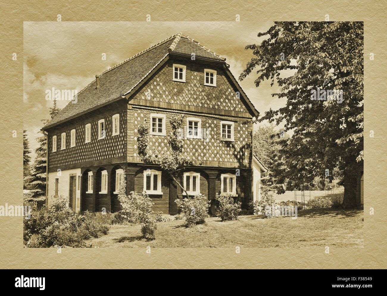 Typical Umgebindehaus-Building in Upper Lusatia, Obercunnersdorf, administrative district Goerlitz, Saxony, Germany, Europe Stock Photo