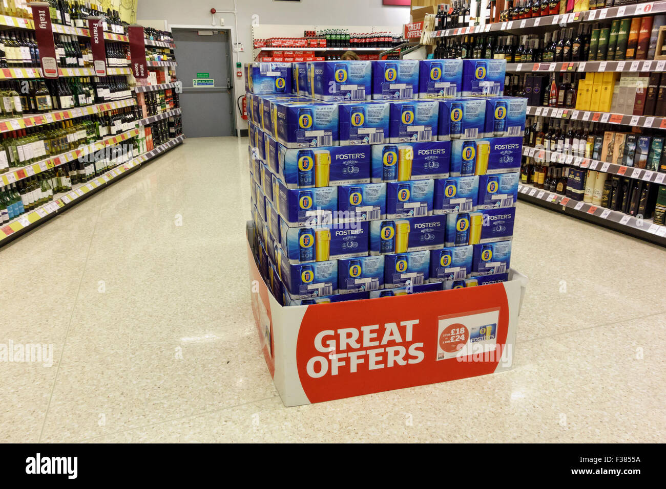 Display of Foster's at Sainsbury's supermarket, UK Stock Photo