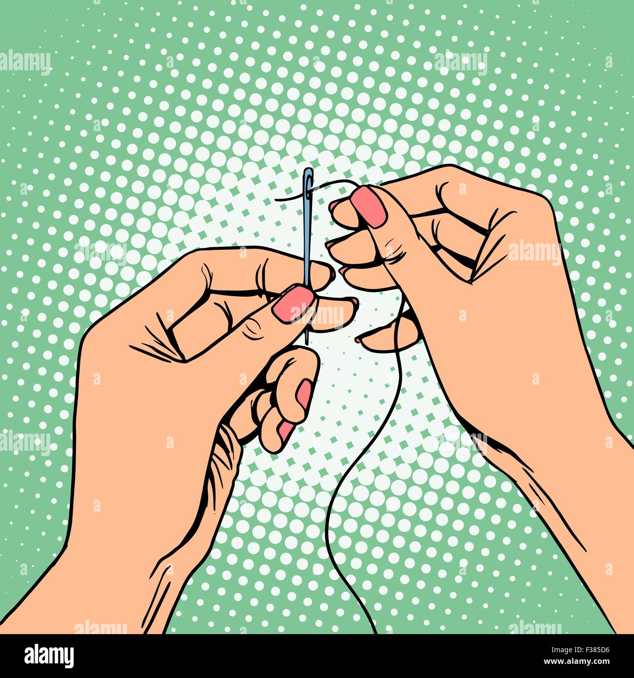 Needlework seamstress threads the needle Stock Vector