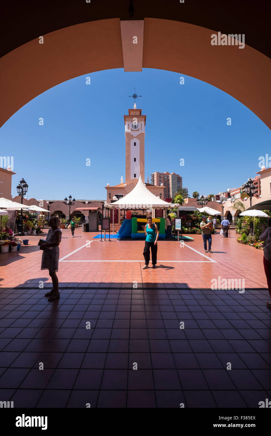 The clock tower in the center of the La Recova or African Market in Santa Cruz, Tenerife, Canary Islands, Spain. Stock Photo
