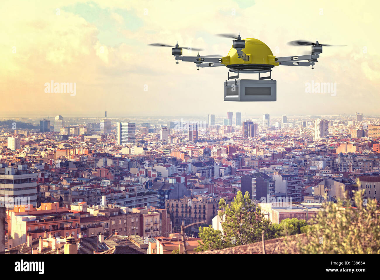 delivery 3d drone and town background Stock Photo - Alamy
