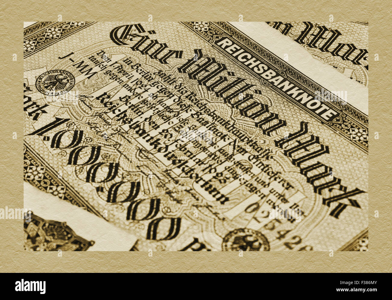 Detail photo of an old German bill of February 20th 1923 about the amount of one million reichsmarks Stock Photo