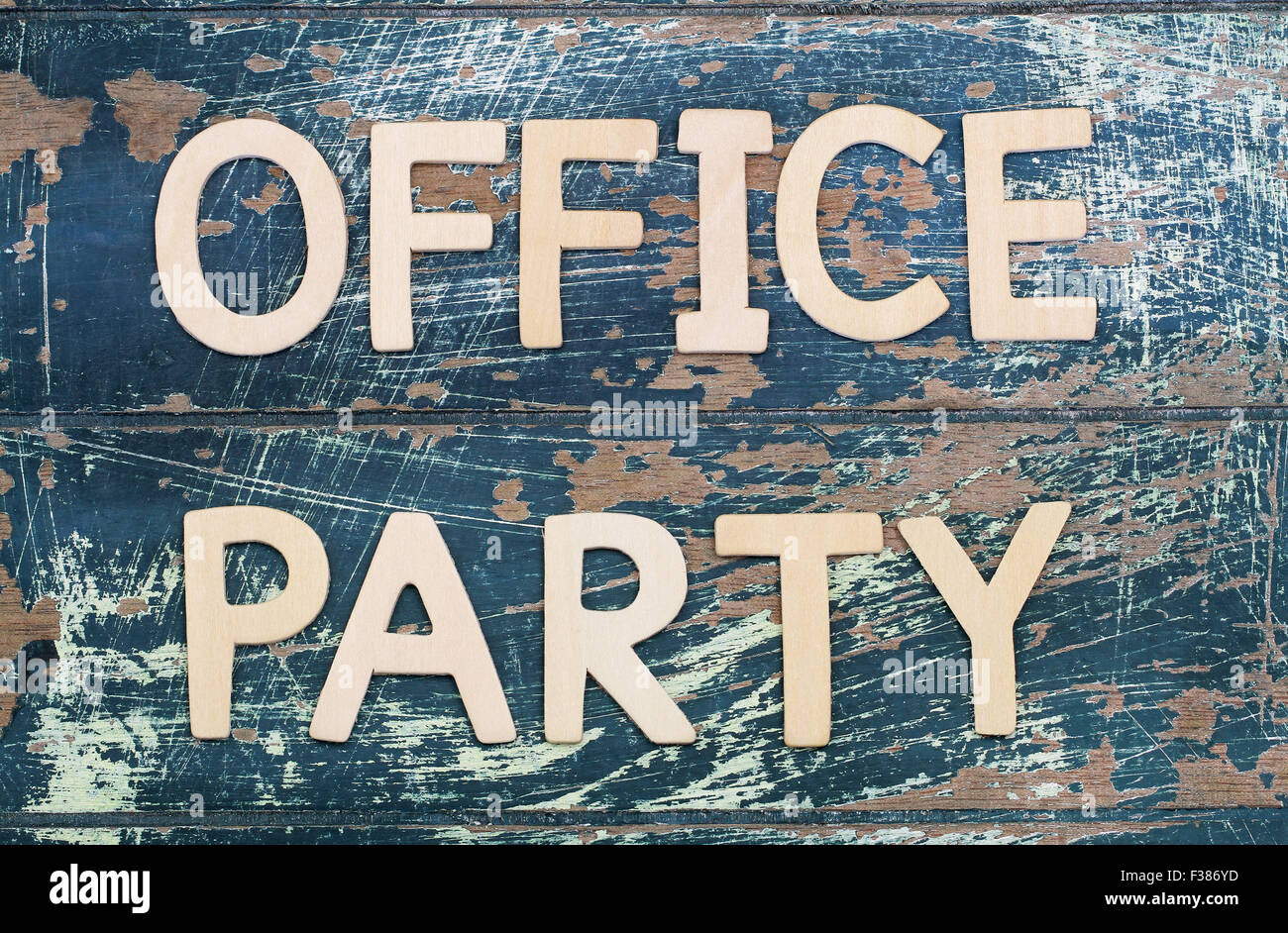 Office party written with wooden letters on rustic surface Stock Photo ...
