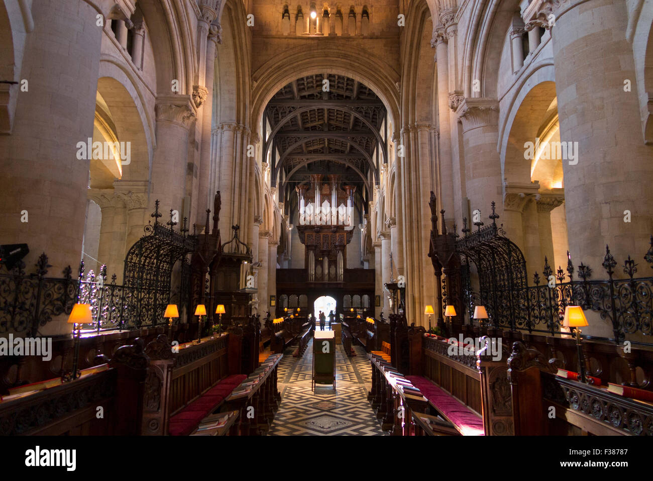 Choir stalls / seats (looking towards the Nave) at Christ Church Cathedral, Oxford University. Oxford. UK. Stock Photo