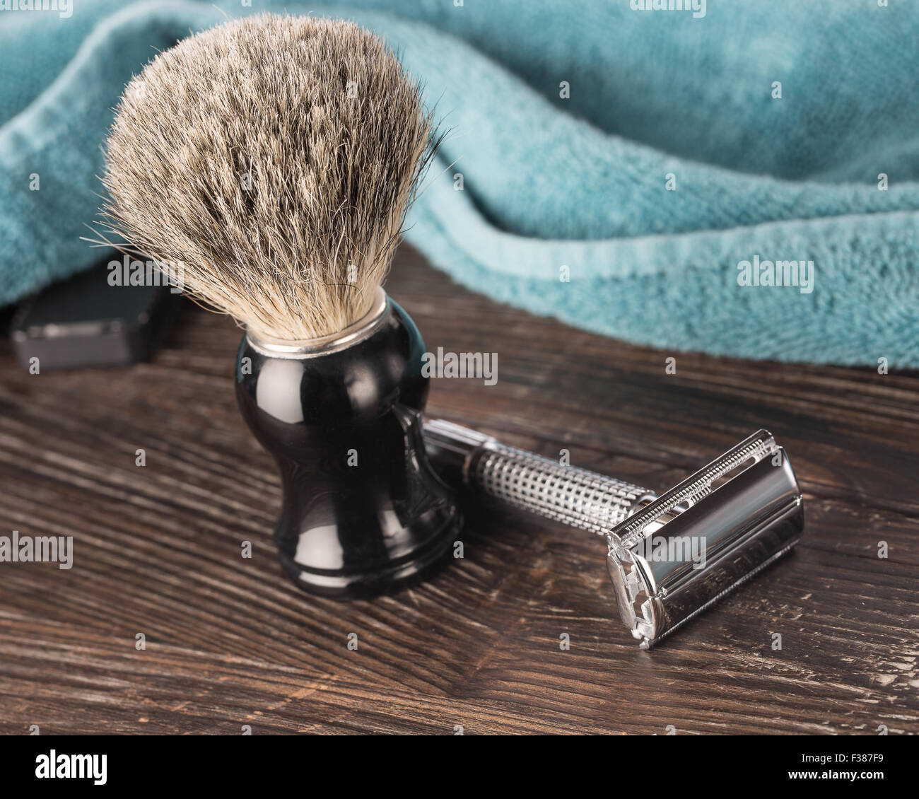 Double edged razor in bathroom setting prepared for a wet shave Stock Photo